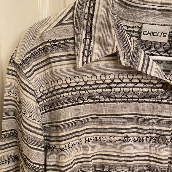Chicos Linen Shirt Size 2 (12/14) Embroidered Button Up Inspirational 3/4 sleeve - Picture 4 of 15